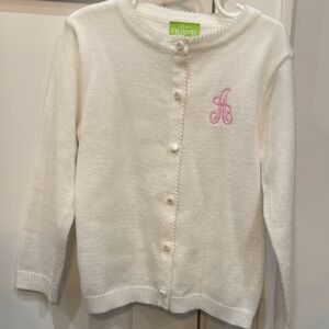 Charming White Kids Cardigan with Pink “A” Embroidery